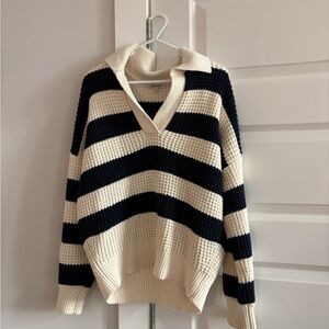 Madewell V-Neck Striped Sweater - Navy and Cream